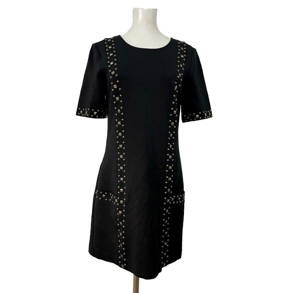 TRINA TURK Revolve Naomi Stretch Ponte Gold Studded Sheath Dress Sz 6 Black